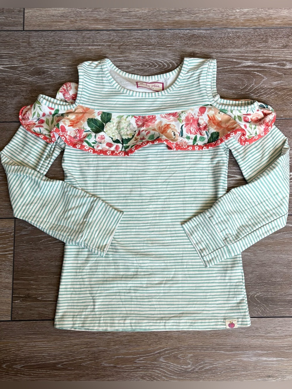 Cheeky Plum Green Striped Cold-Shoulder Top with Floral Ruffle